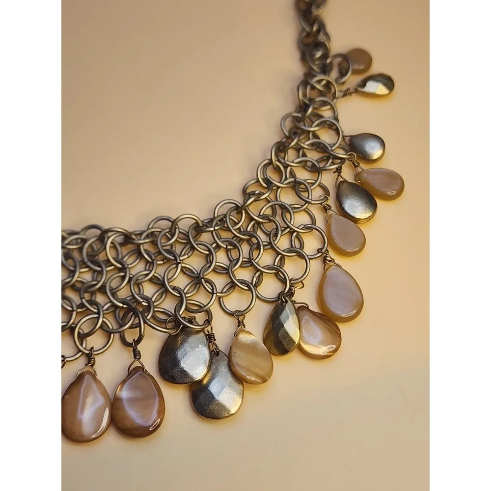 Vintage LIZ CLAIBORNE Signed Bib Necklace Chandelier of Faceted‎ Bronze Tone 15